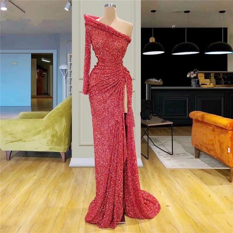 Sparkling Red One Shoulder lantejoulas alta Dividir Mermaid Prom Vestidos manga comprida Ruffles Ruched Trem da varredura formal do partido vestidos de noite