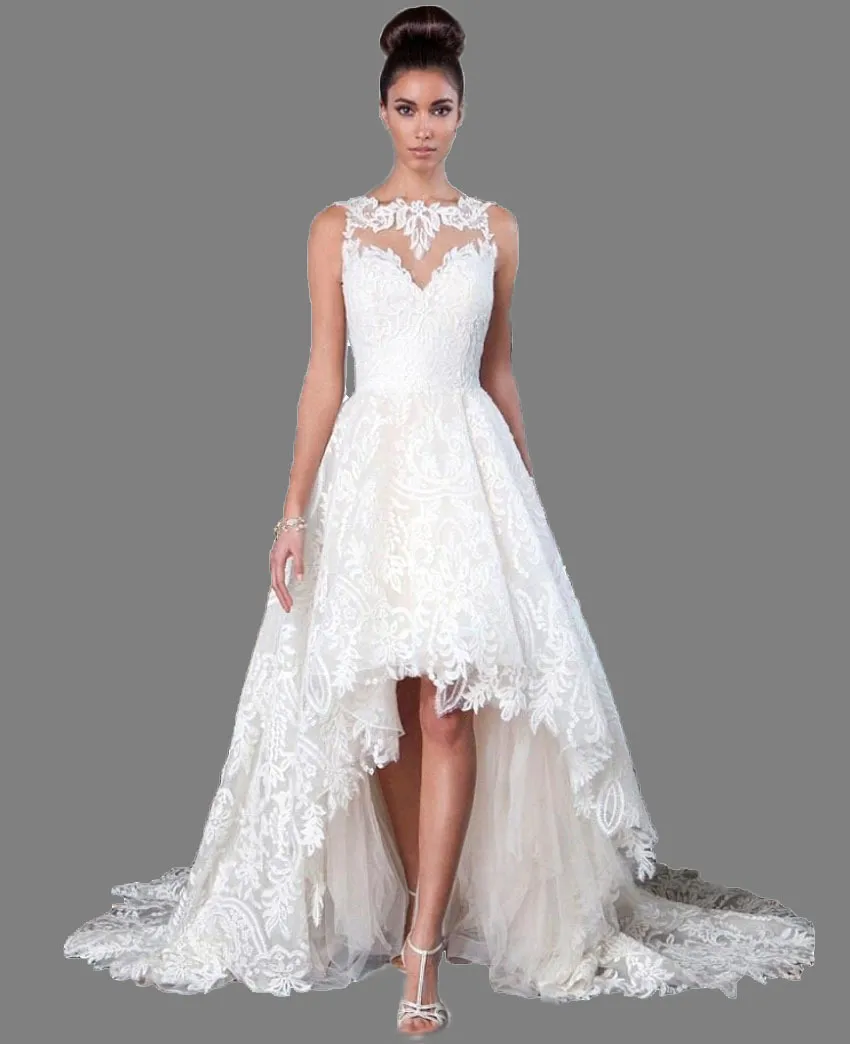 Vestidos de novia altos y bajos con cuello barco de alta calidad, vestidos de novia largos blancos/marfil con parte delantera corta y espalda larga, vestidos de novia altos y bajos 2019