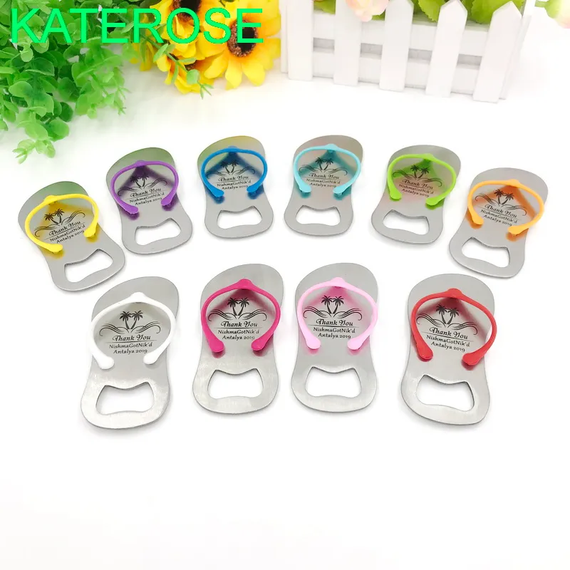 100 stks Aangepaste Sandal Bottle Opener Wedding Favors Flip Flop Bottler Openers Printing Logo Strand Themed Party Giveaways voor Gast