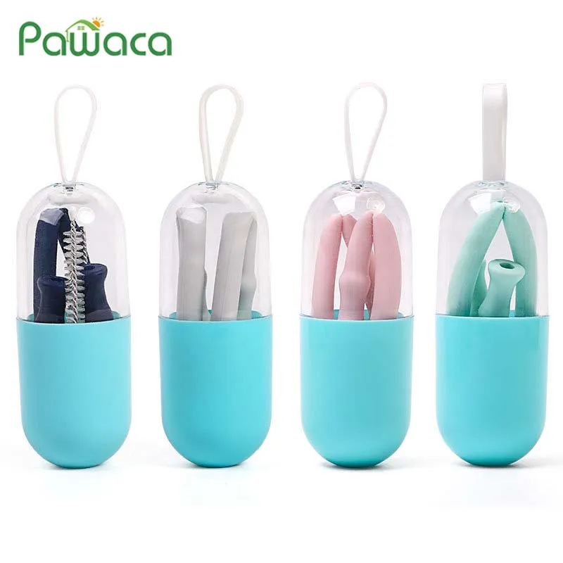 Dobrável Silicone Straw reutilizáveis ​​Folding Palhinha com maleta e escova de limpeza para viagens, casa, escritório Drinks