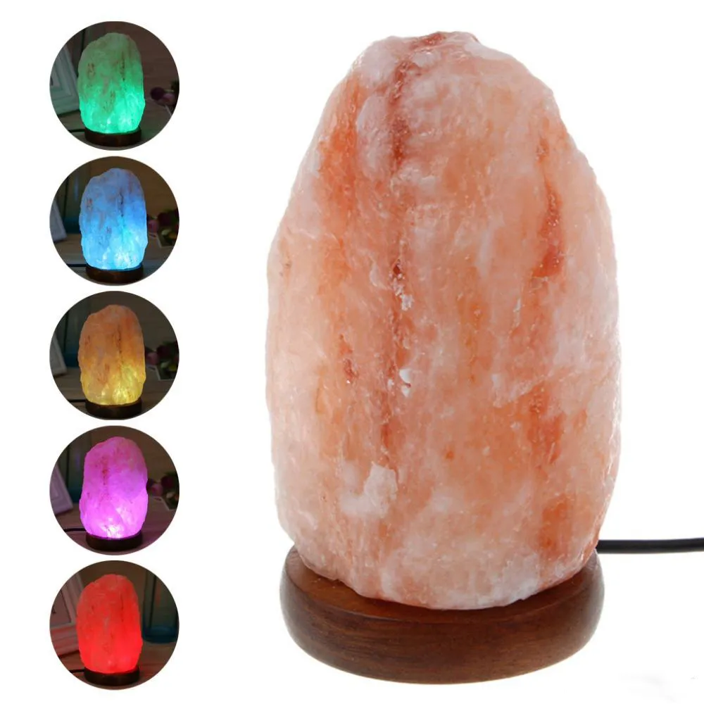 Naturlig hand snidad USB Träformad bas Himalayan Crystal Rock Saltlampa Luftrenare Nattljus