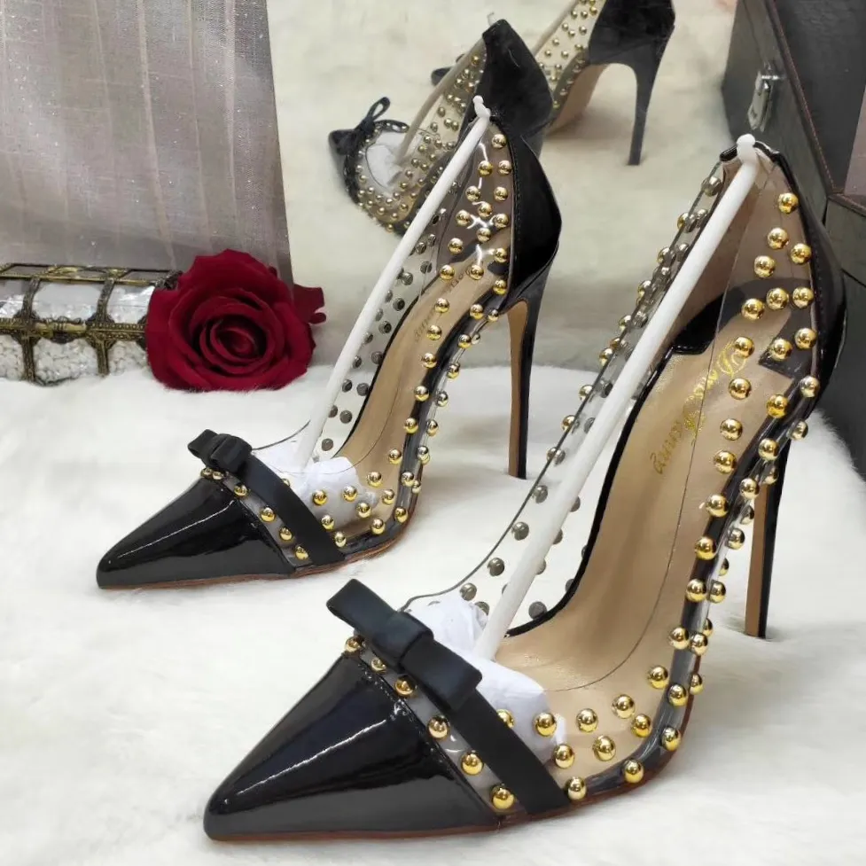 Free shipping Fashion women Casual Designer lady black spikes bow point toe high heels pumps shoes praty shoes bride shoes 12cm 100