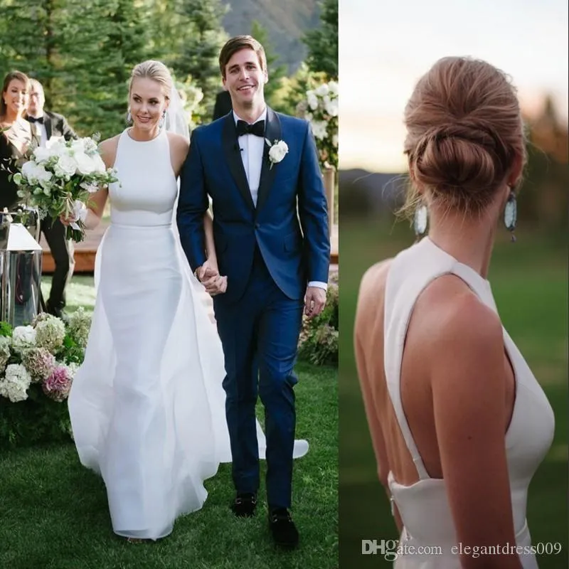 Nowy Biały Proste Tanie Suknie Ślubne Syrenki Z Odpinanym Pociąg Klejnot Neck Backless Court Train Plees Wedding Bridal Suknie Custom Made