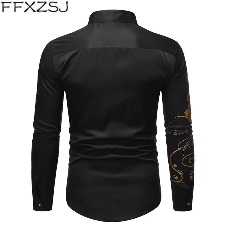 Mäns avslappnade skjortor Stylish Gold Flower Print Black Shirt Men 2021 Spring Slim Fit Long Sleeve Mens Dress Party Man Social S301i