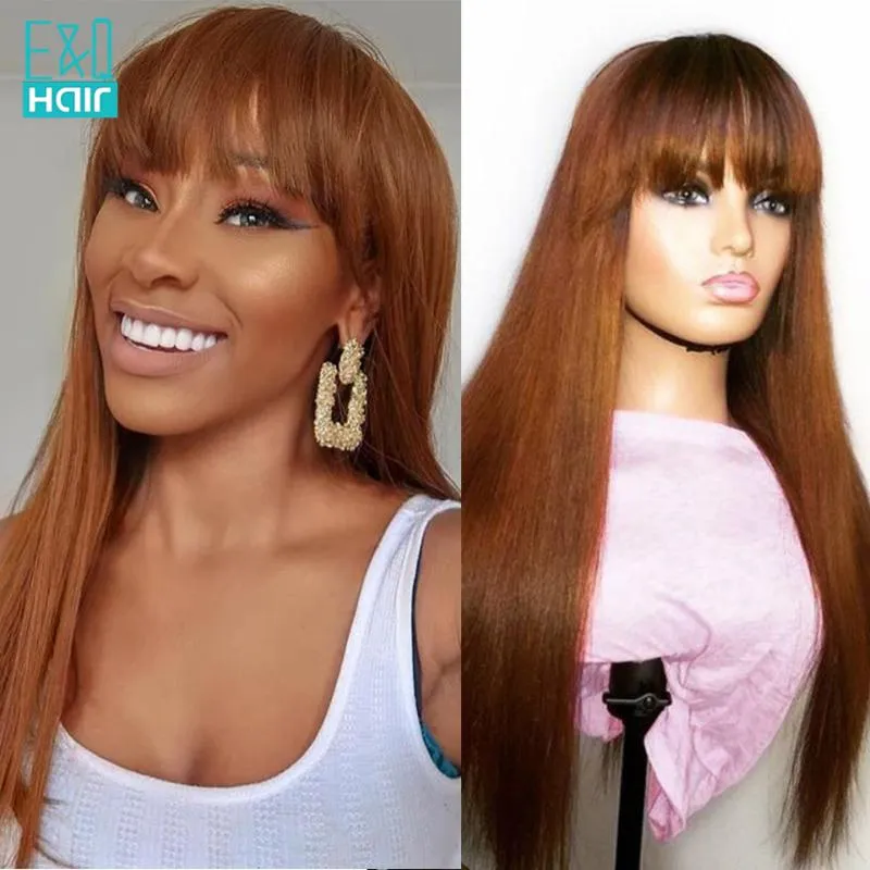 Brown Ombre Färgad Lace Front Wig Pre Plocked Brasilian Remy Rak 13x6 Lace Front Human Hair Wigs med Bangs för kvinnor
