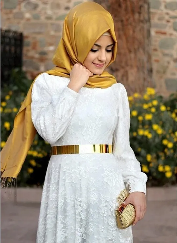2019 Muslim Evening Dresses With Gold Sash Long Sleeves Arabric