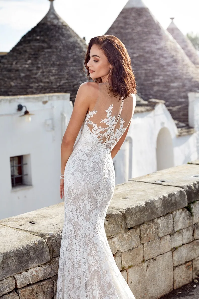 skin tight lace wedding dress Long Sleeve Lace Mermaid Wedding Dress Backless Gown With Low Back Detail (0157)