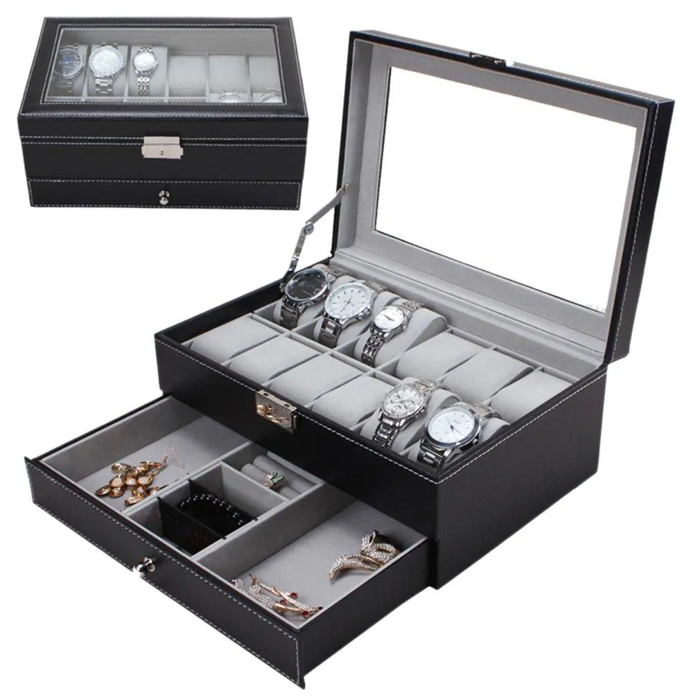 Profissional 12 grades slots relógios caixa de armazenamento couro do plutônio camadas duplas relógio jóias caso titular preto marrom caixa caixão 20192735