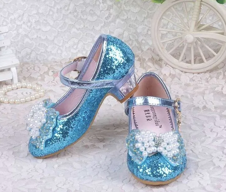 Fashion Spring Summer Girl High Heels Crystal Princess Party Children Shoes Pearl Leatherette Footwear For Girl Sandal Pink Silver Blue