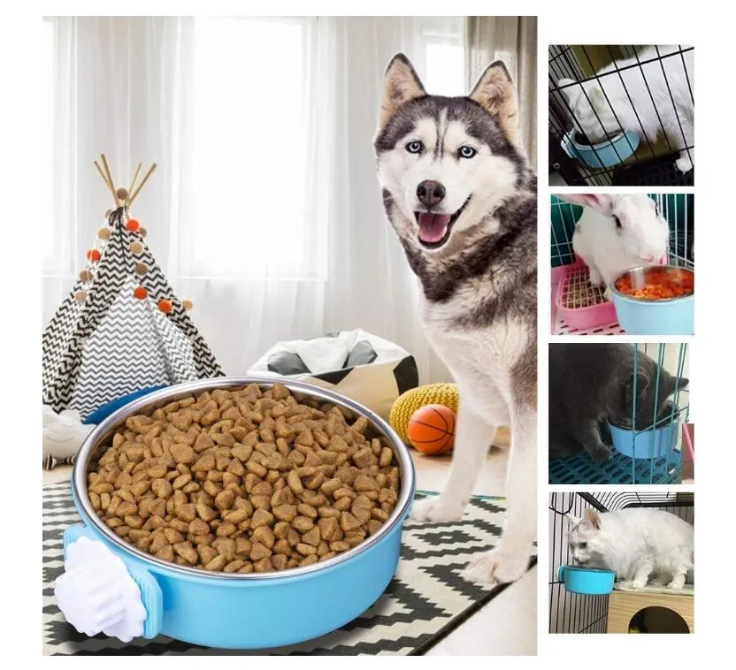 Crate Dog Bowl. Amovible en acier inoxydable Coop Cup Hanging Pet Cage Bowl Grand distributeur d'eau pour chiens chats lapins