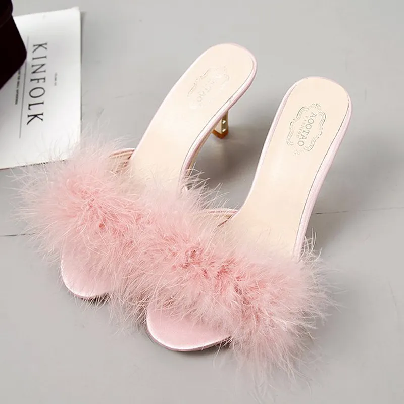 VOTODA New Hot Women's Fashion Plush Middle Heels Slippers Female Furry Faux Fur Slides High Quality Non-slip Sexy Flip Flops