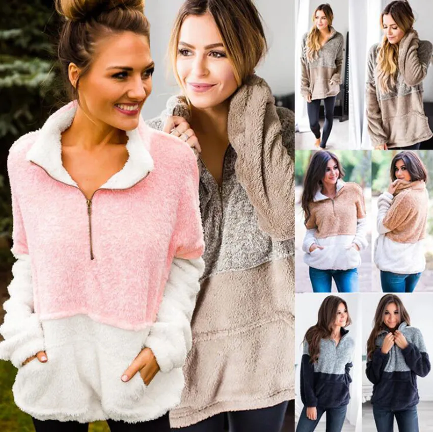 Femmes Poche Polaire À Capuche 4 Couleurs Patchwork Zip Fourrure D'hiver Sweat Pulls Col Roulé Fermeture Éclair Sherpa Tops LJJO7201