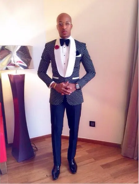 Navy Blue Dots Men s Wedding Tuxedo White Lapel Groom Groomsmen Tuxedo 2 Piece Suit Jacket Pants Tie 1326