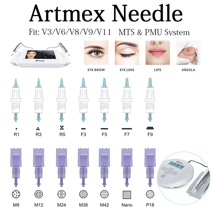 Artmex V8 V6 V3 V9 V11 MTS PMU 영구 메이크업 교체 기계 바늘 카트리지 문신 바늘 팁 Derma Pen