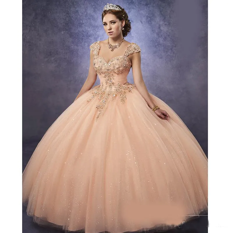 Sparkling Tulle Quinceanera Dresses 2019 odpinane paski i baskijski talii brzoskwinia słodka 16 sukienka z powrotem