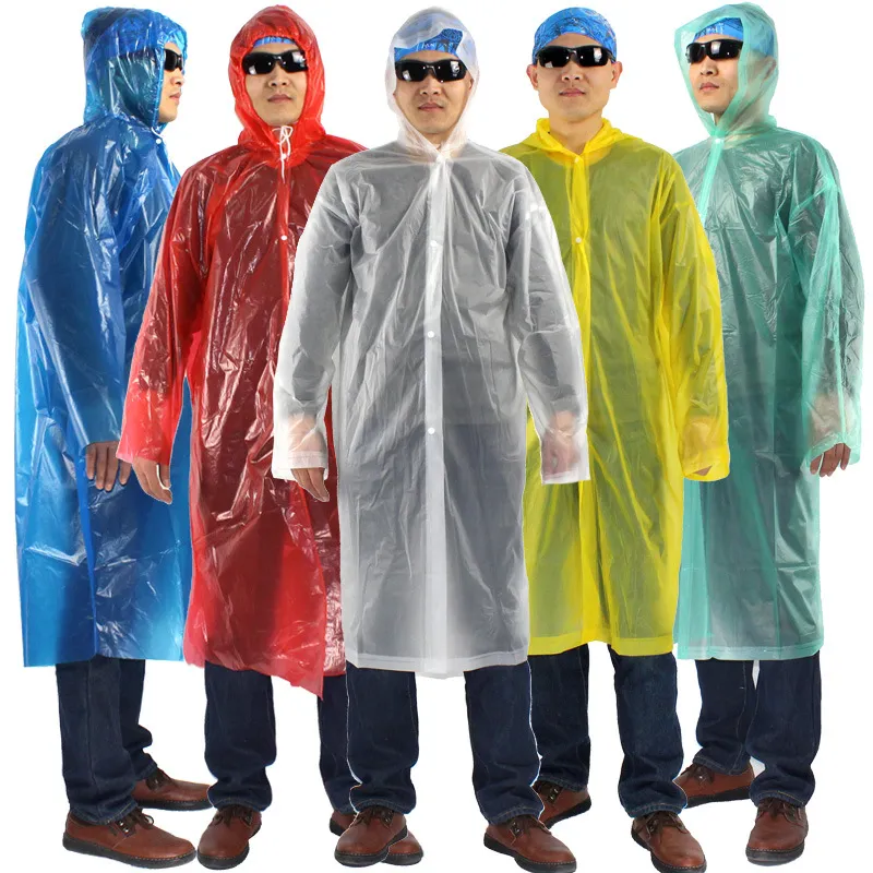 Housse de pluie en plastique Portable vêtements de pluie imperméable extérieur jetable Transparent avec capuche imperméable Camp pluie Cape à capuche Ponchos