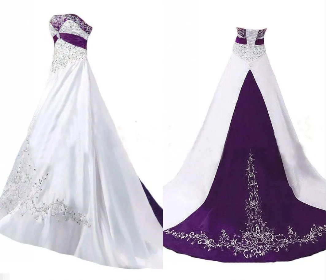 Unique Purple And White Embroidery A Line Wedding Dresses Bridal Gown ...