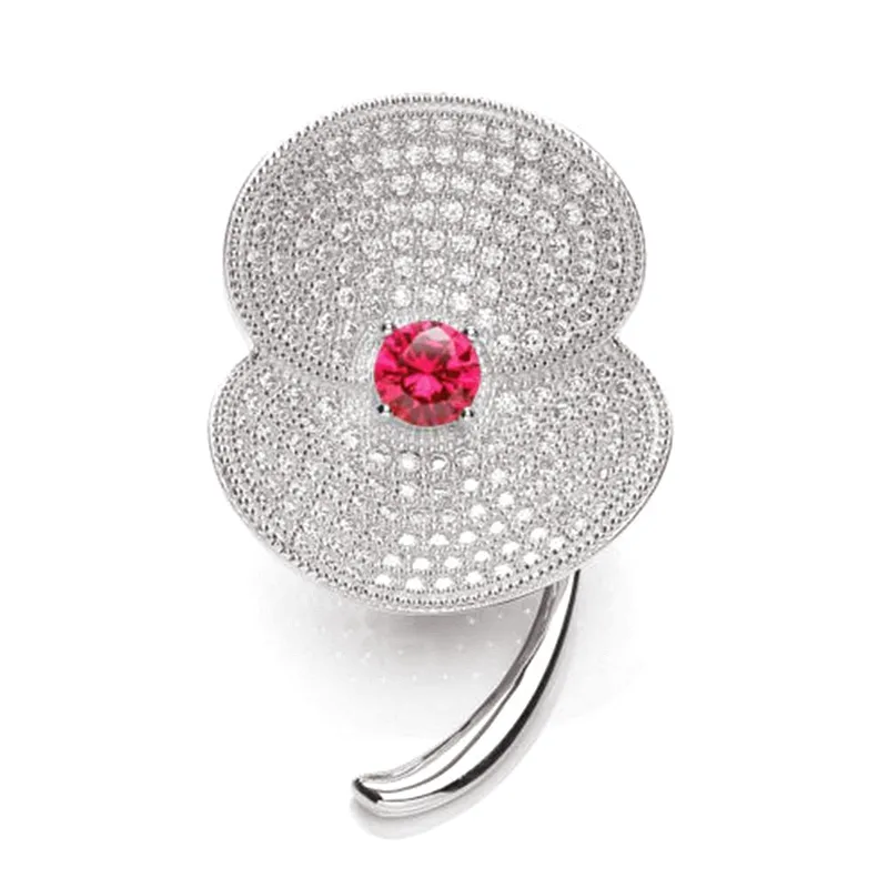 1.5 Inch Diamante Poppy Brooch White Gold Tone Clear CZ Rhinestone Crystals