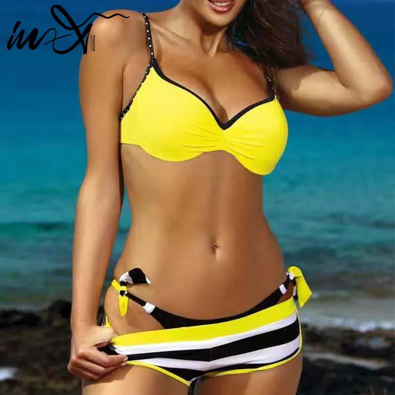 In-X grande taille maillots de bain femmes baigneurs Push up sexy bikini 2020 jaune maillot de bain femme biquini rayé maillot de bain vêtements de plage XL