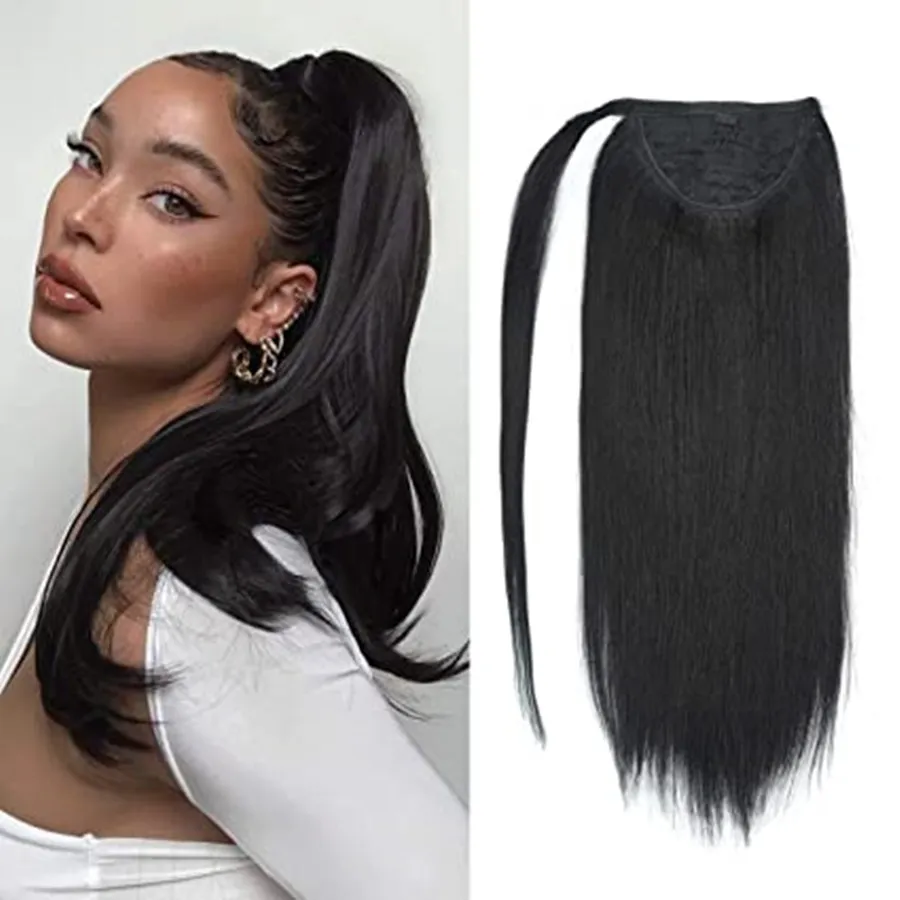 # 1 Jet Black Bonytail Extension clip 100% Remy cabelo humano envoltório em torno de rabo de cavalo longa dépioma de ponytail reta