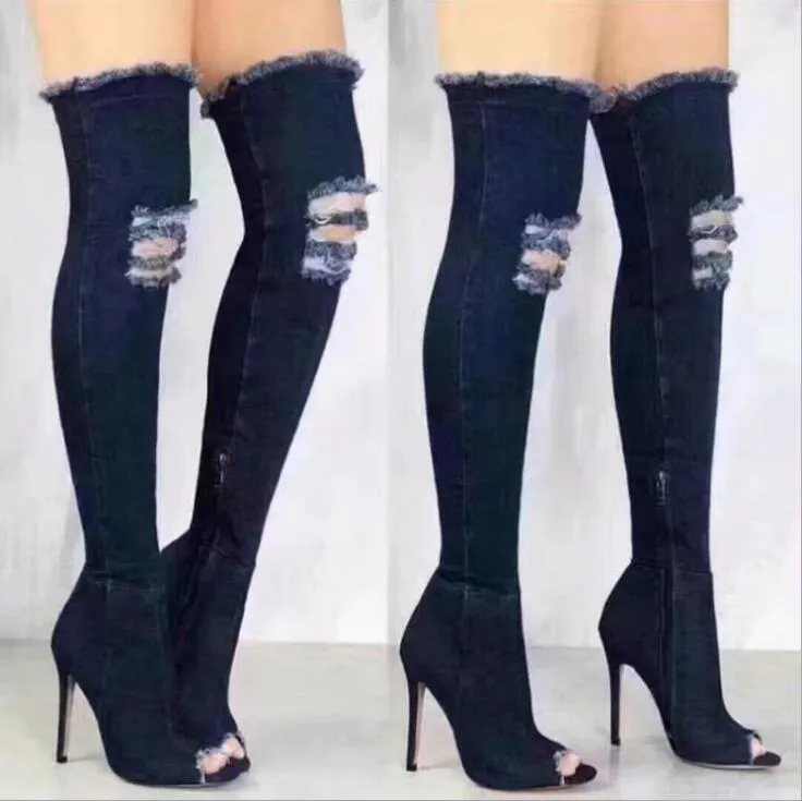 DHgate Blue Denim Peep Toe Thigh High Stiletto Boots with Side Zipper for Women Shoes Accessories