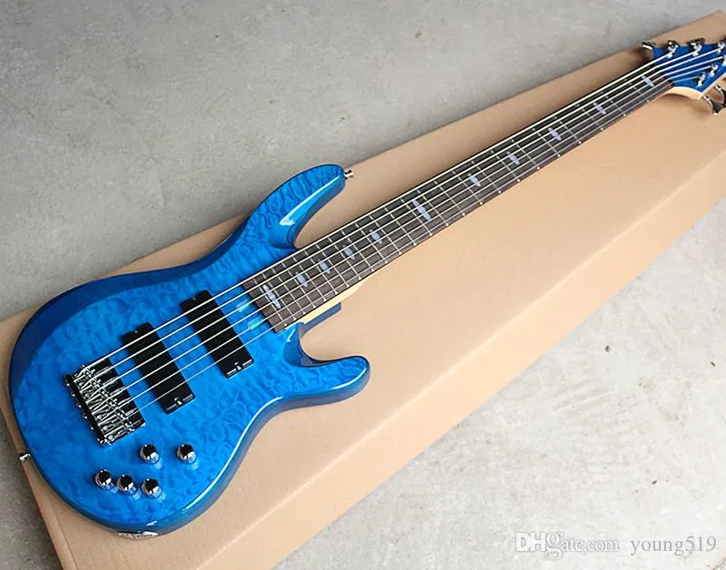 Custom wholesale blue 6-string guitar electric bass strings and active circuits, flame maple veneer, mahogany fingerboards provide customize