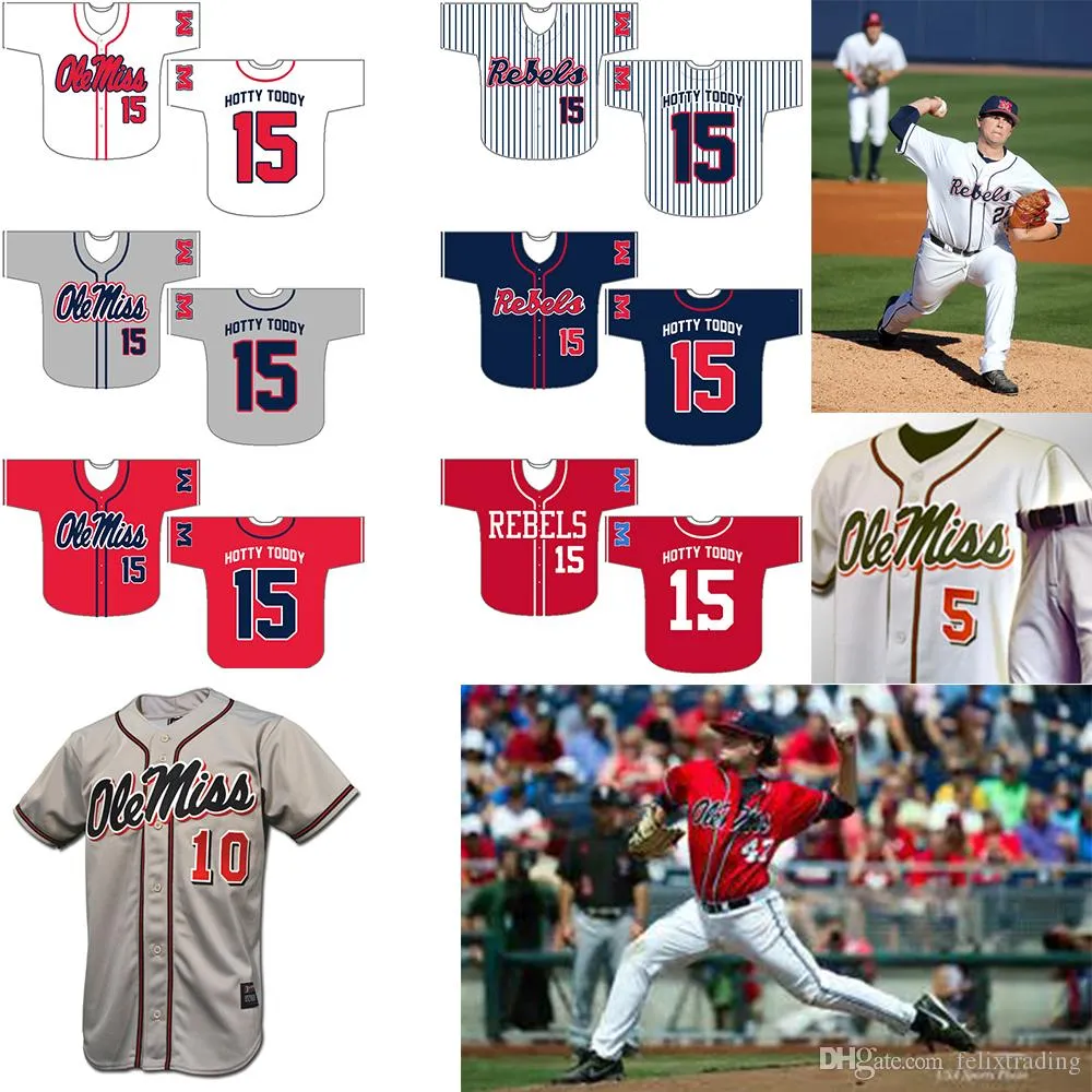 Custom Olemiss 10 # 5 # (personalizado, nombre, número, color y tamaño) # 15 Hotty Toddy Men Todas las camisetas de béisbol cosidas Envío gratis