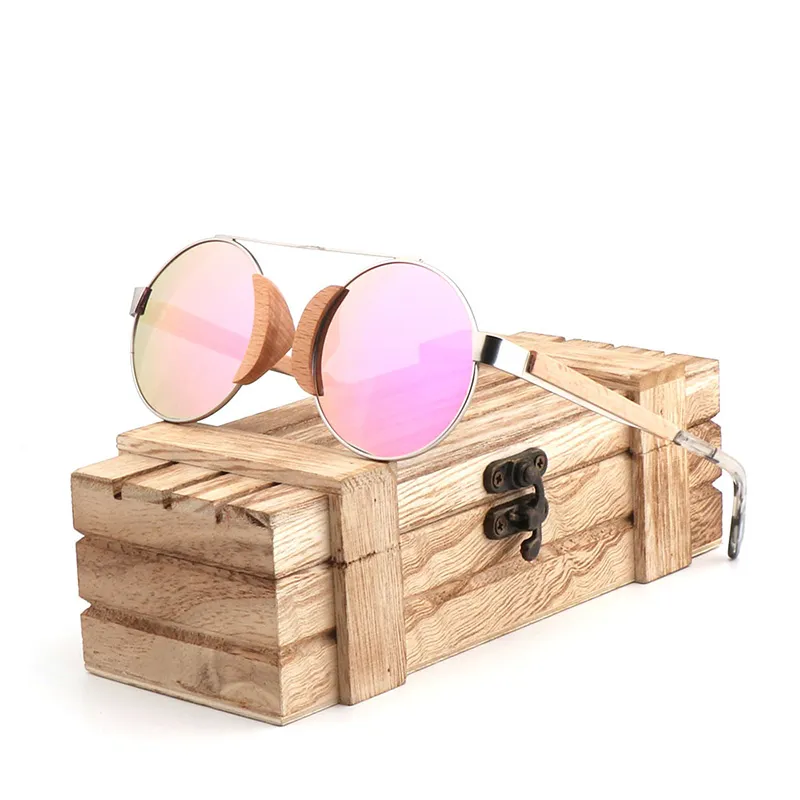 Luxary-Lady Lunettes de soleil polarisées en bois Lunettes de soleil rondes de conduite de voyage UV400 Lentille bleue rose Avec boîte à lunettes en bambou Gafas de sol