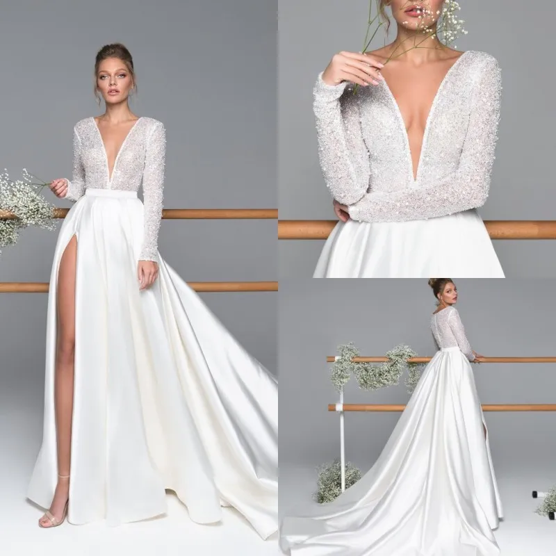 Eva Lendel 2020 Side Split Trouwjurken V-hals Lange Mouw Kralen Kant Bruidsjurken Sweep Train Plus Size Bridal Jurk