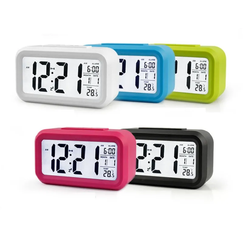 Digital väckarklocka LCD-skärm Snooze Electronic Clock Light Sensor Nattljus Digital Display Temperatur Smart Klocka