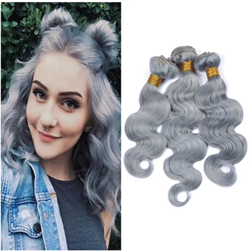 Virgin Brasilian Human Hair Pure Gray Body Wave Bundlar Deal 3pcs 300gram Silver Gray Body Wave Curly Human Hair Weave Extensions