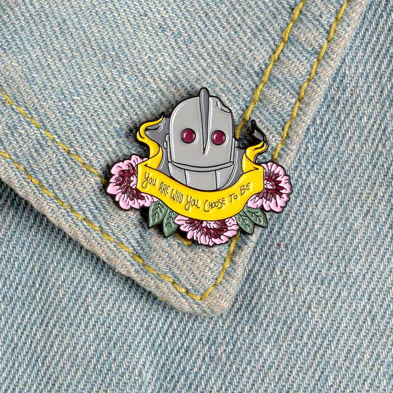 Giant Flower With Iron Enamel Pins Robot Banner Design For Denim, Shirt