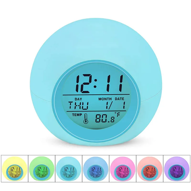 LED إنذار Clock Light Up الطالب الرقمي مقياس حرارة الساعة 7 ألوان تغيير Light Light Leghing Bedside Clocks للأطفال على سطح غرفة نوم الأطفال