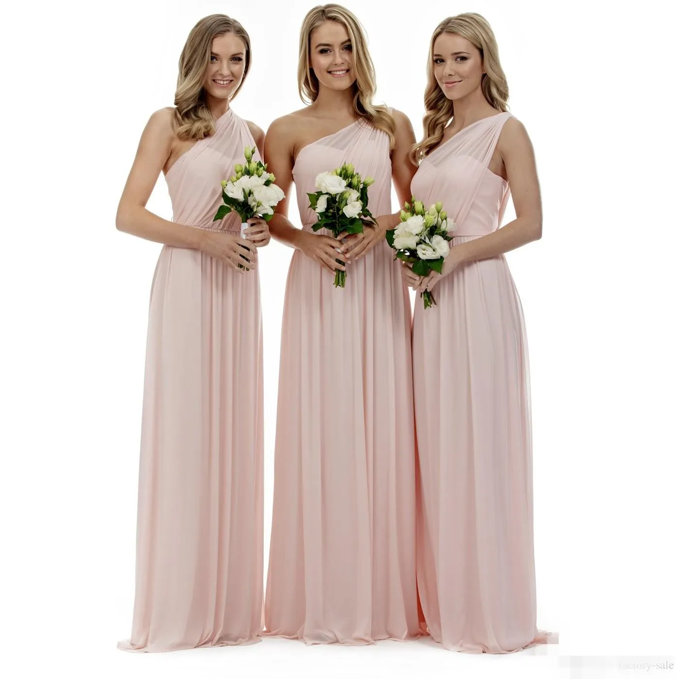 Blush Pink Un hombro Vestidos de dama de honor Plisados de gasa Fruncido 2020 Longitud del piso más nueva Por encargo Vestido de dama de honor para boda en la playa