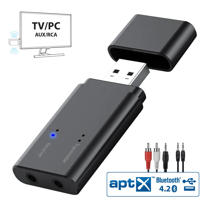 Bluetooth 4.2 송신기 및 수신기, TV, PC, 자동차, 헤드폰, 홈 사운드 시스템용 3.5mm Aux 포트가 있는 2 in 1 USB 무선 오디오 어댑터