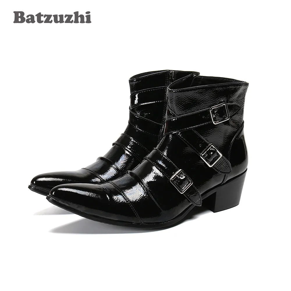 Botas Batzuzhi Western Cowboy para Hombre, botines de cuero suave negro con punta estrecha, hebillas para Hombre, Botas para Hombre de motocicleta, Botas para Hombre