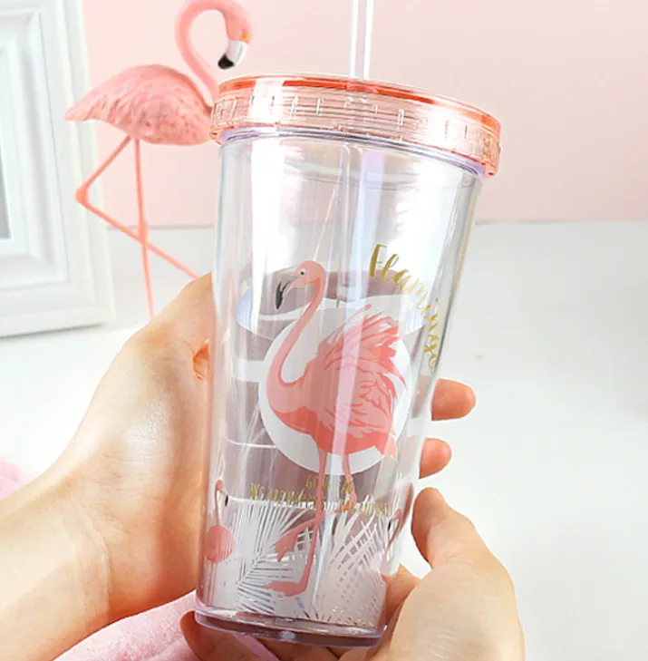 De laatste 12.5oz Drinkware Flamingo Flat Deksel Creatieve Dubbele Stro Plastic Koffie Melkbeker, Ondersteuning Aangepast Logo