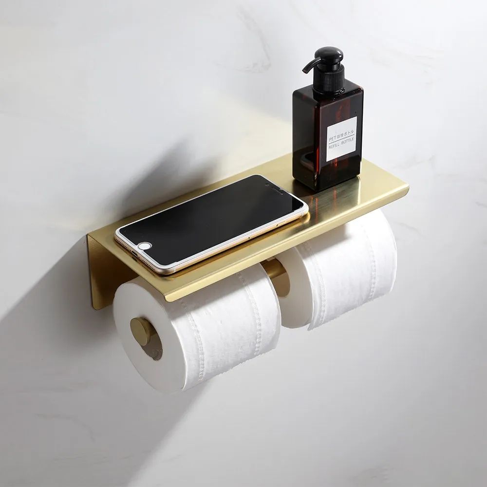 Double Ring Toilet Paper Holder Big Top Shelf Black & Brushed Gold & Chrome Stainless Steel Toilet Roll Holder