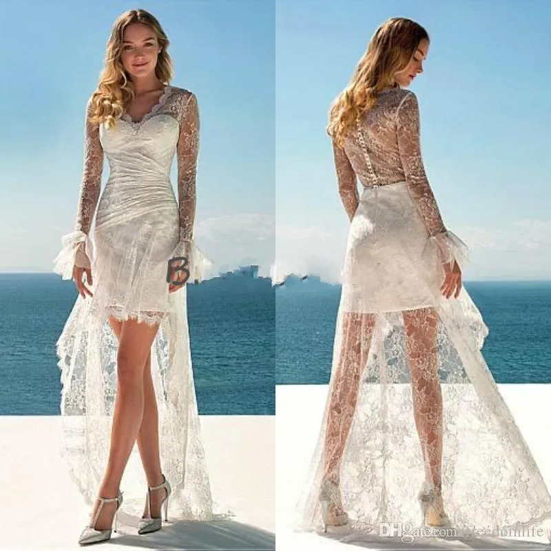 Full Lace Beach Trouwjurken V-hals Lange mouwen Zien via Bohemian Trouwjurk doorzicht door Hoge Lage Boho Trouwjurk Bruidsjurken