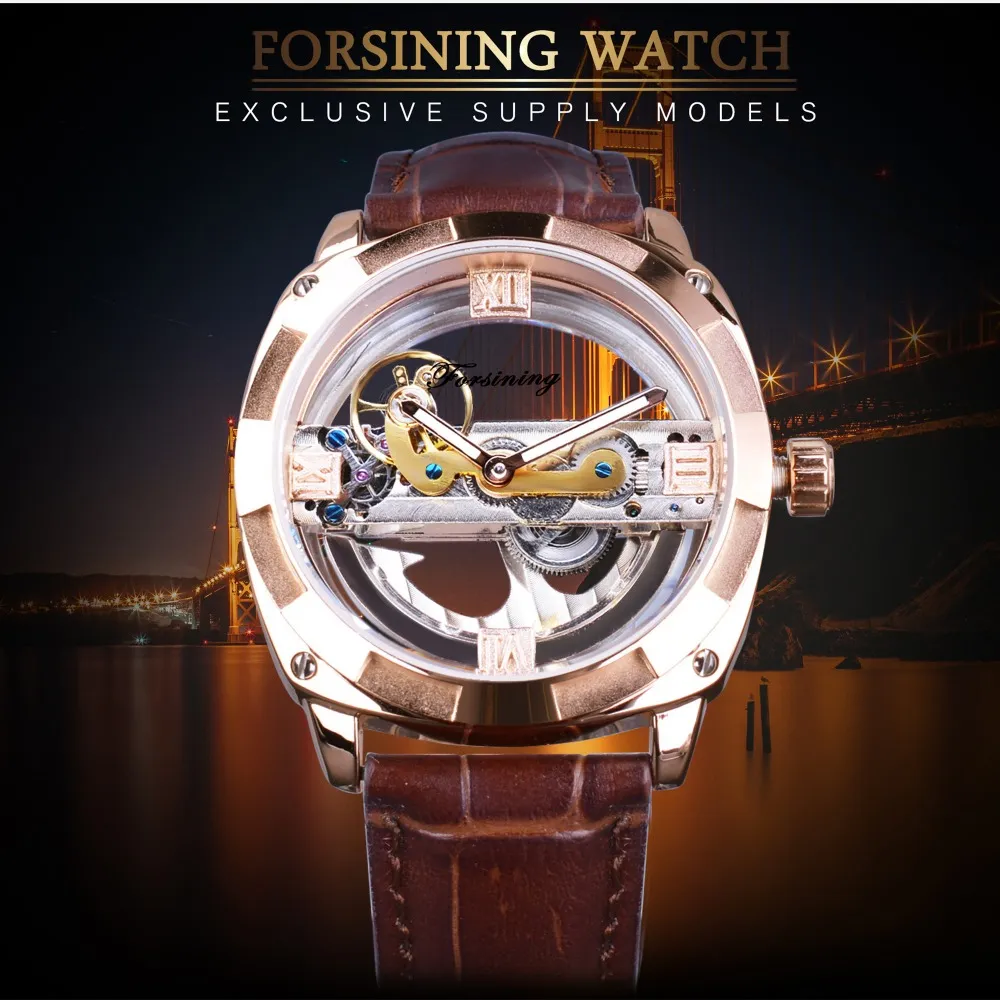Forsining Rose Goudbruin Lederen Riem Transparant Dubbelzijdig Open Werk Creatieve Automatische Horloges Topmerk Luxury243p