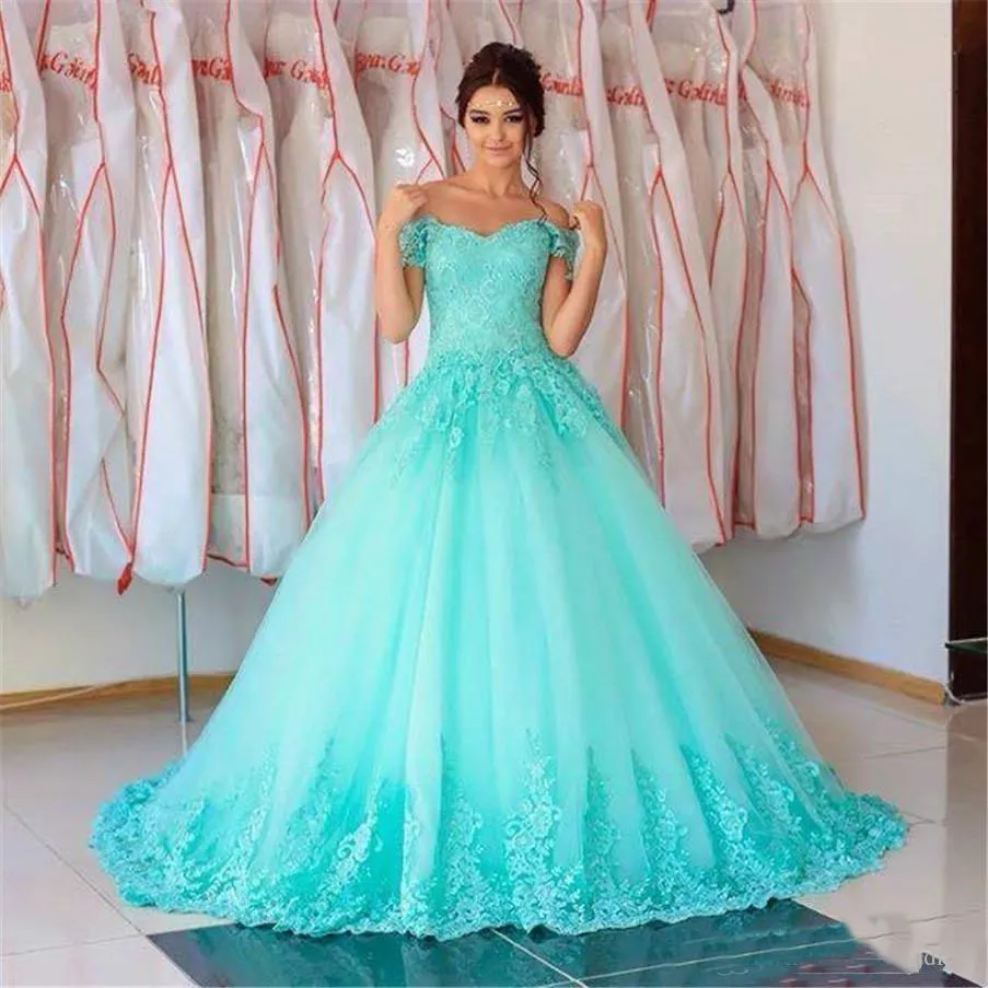 2019 New lindo turquesa Quinceanera vestido de baile Vestidos Alças Lace appliqus doce 16 Trem da varredura Plus Size Partido Prom Vestidos