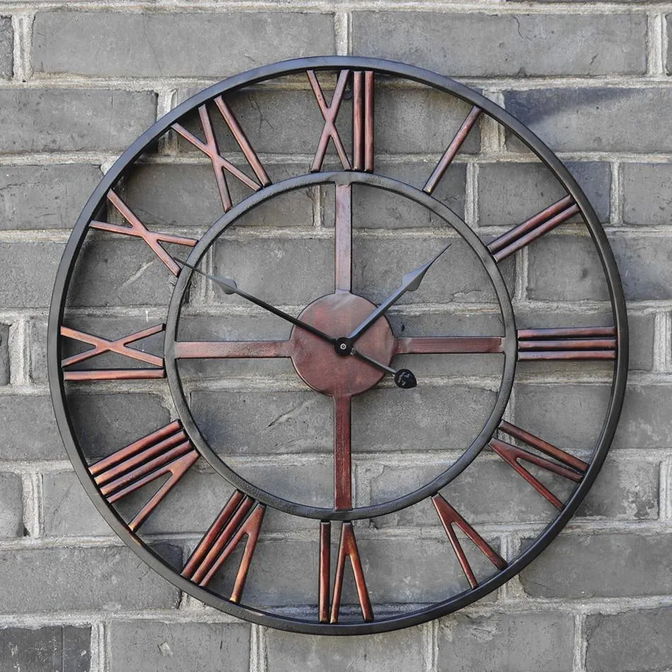 Horloge murale rétro circulaire 3D romaine 47 cm en fer forgé creux Vintage grande horloge murale décorative muette sur la décoration murale pour la maison