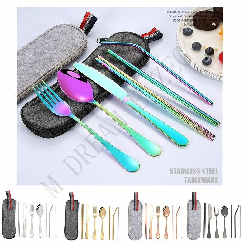 Bärbar bestick set 5 färger porslin 8 st / lot outing dabileware eko-friednly rostfritt stål halmborste sked gaffel chopsticks kniv