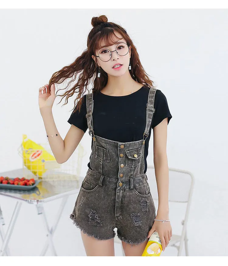 Denim Bibs Schoolgirl 2018 Spring New Loose Korean Thin Thin hole Flashes Fringe Shorts (11)