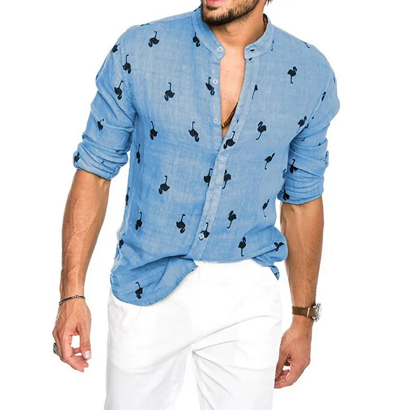 Hawaii Plaj Flamingo Baskı Gömlek 2019 Yeni Düğme Uzun Kollu Chemise Hombre Ince Rahat Sonbahar Keten Gömlek Blusa Masculina