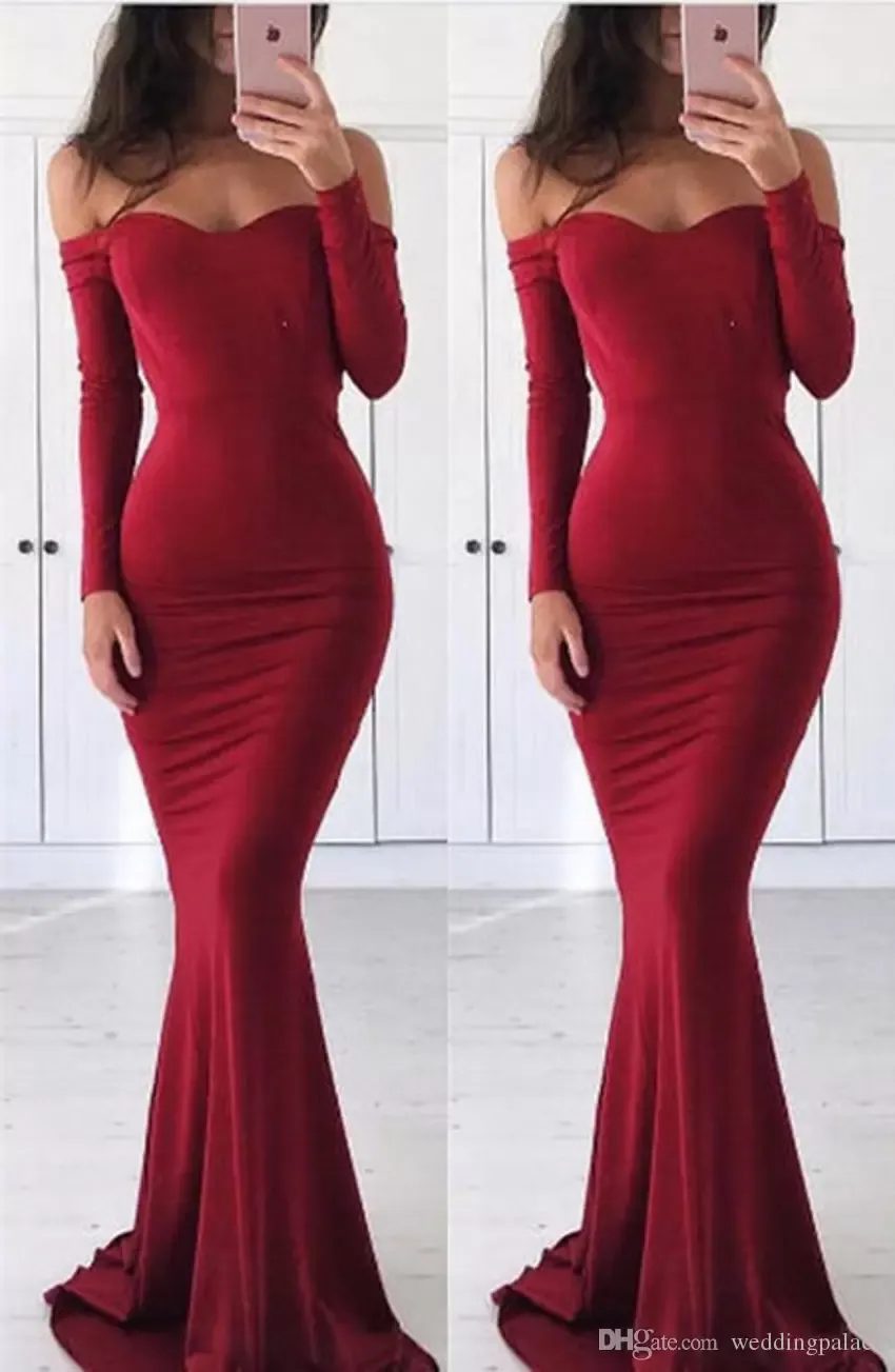 Seksi Uzun Kollu Mermaid Abiye Off Omuz Koyu Kırmızı Stretcch Saten Gelinlik Modelleri Abiye giyim Özel Durum Elbiseleri