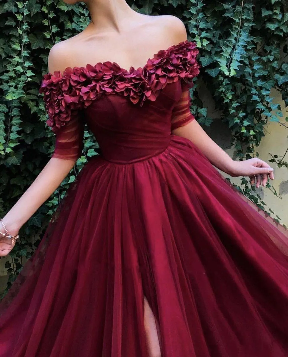 2020 New Sexy Prom Dresses Burgundy Hand Made Flowers 1 2 Sleeve Backless Tulle Plus Size Split Sweep Train Party Dress Evening Go2656