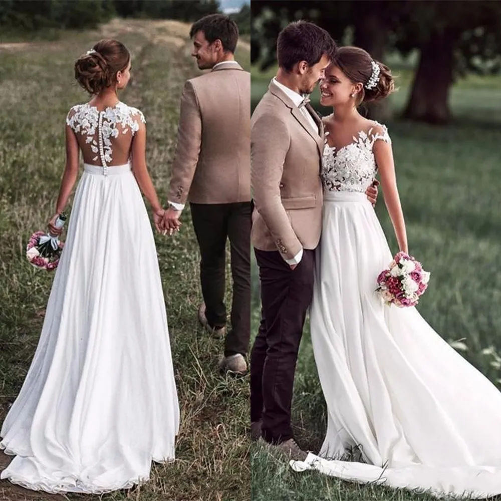 New Cheap Hot Summer Beach Bohemian A Line Wedding Dresses Sheer Neck Lace Applique Chiffon Cap Sleeves Sweep Train Plus Size Bridal Gowns