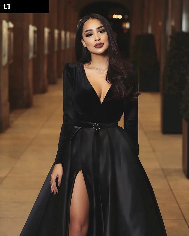 Noir à manches longues col en V africain élégant soirée robes formelles robe 2019 Sexy fête Elie Saab longues robes de bal coupes latérales