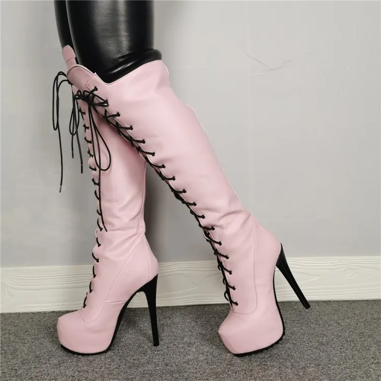 Olomm New Women Platform Over The Knee Boots Sexiga stilett High Heels Boots Round Toe Pink Party Shoes Plus oss Size 5-15
